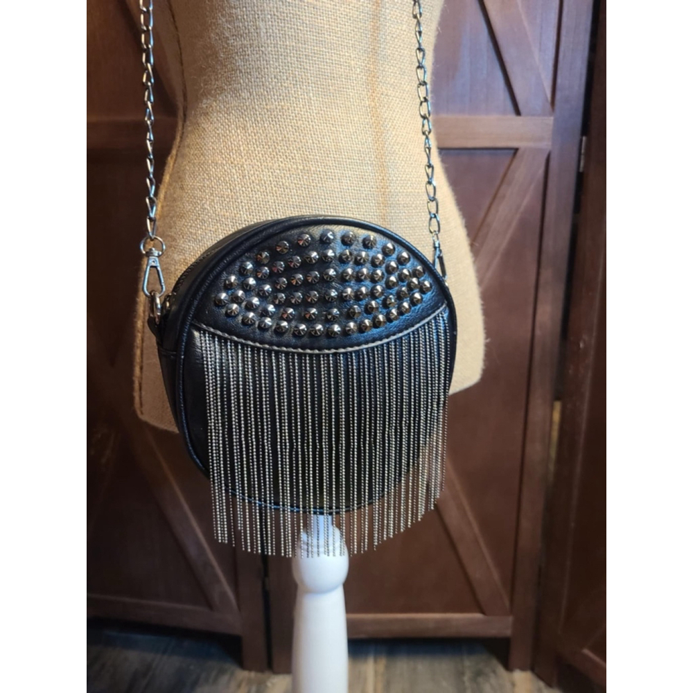 Women's Unbranded Crossbody Bag Small Black Silver studded fringe